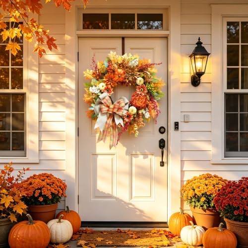 Fall Wreaths for Front Door 24", Fall Door Wreath with Plaid Bow & Dahlias