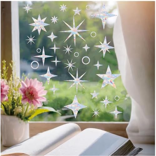 33PCS Star Window Stickers Prevent Birds from Hitting Windows, Rainbow Sun Catcher Stickers No Glue Required, Non-Adhesive Reusable Vinyl Rainbow Stickers