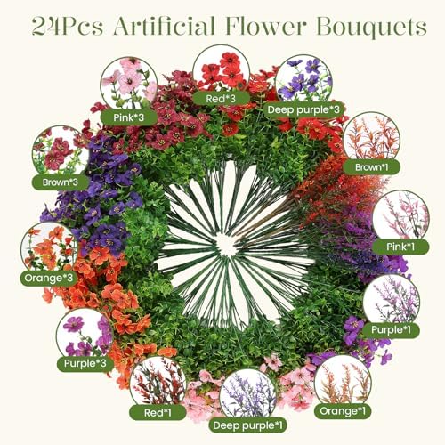 SHareconn 24 Bundles Artificial Flowers for Outdoors UV Resistant Decor