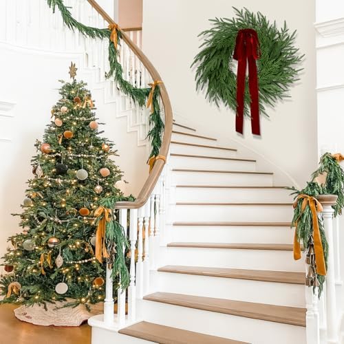 ENVEN Artificial Norfolk Pine & Cedar Christmas Wreath with Velvet Bow – Real Touch Faux Greenery Holiday Front Door Decoration for Indoor Outdoor Use