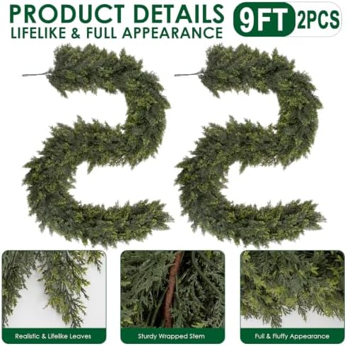 Hananona 9 FT Christmas Garland, 2 Pcs Real Touch Cedar Garlands
