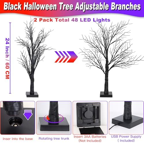 Halloween Decorations Indoor 2 Pack 24 Inch Black Halloween Tree with 48 Orange Purple Led Lights, Timer/USB/Battery Operated Lighted Tabletop Spooky Tree for Table Home Office Party Decor