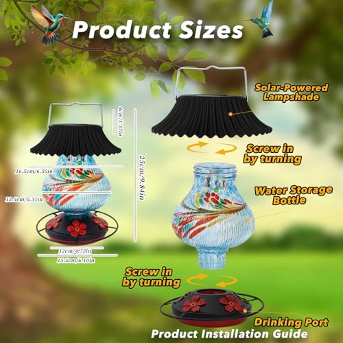Solar Hummingbird Feeder, Hand Blown Glass Multicolor Night Lights