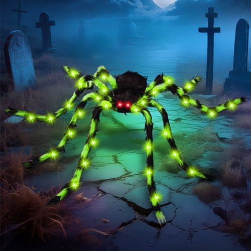 Thuodo 59" Giant Halloween Light Up Spider, Green Glowing Hairy Spider