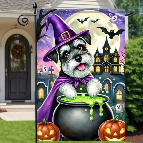 BlissYard Halloween Schnauzer Witch Garden Flag 12x18 Inch Polyester