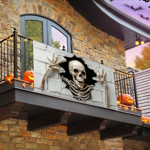 118"x35" Extra Large Happy Halloween Banner Big Spooky Halloween Backdrop for Giant Outdoor Yard Easy Hang with Ropes&Grommets–Perfect for Fence, Porch, Garden, Haunted House Party Signs (Skull, 71"x35")
