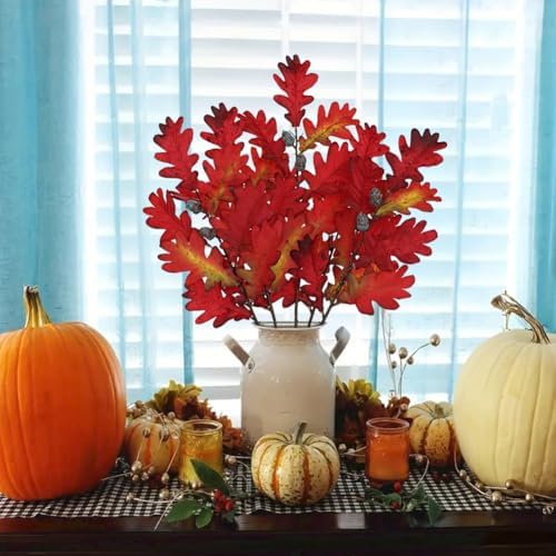 GnFlus 5 Pcs Artificial Fall Oak Leaves Stems 19.6” Fake Autumn Foliage Branches for Home Kitchen Farmhouse Vase Thanksgiving Table Centerpieces Party Halloween Decor Red