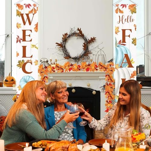 MEHOFOND Blue Pumpkin Maple Leaves Porch Banner Sign, Hello Fall Welcome Sign, 2-Pack, 71 x 12 Inches