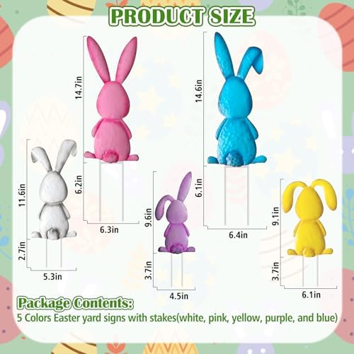Outdoor Easter Yards Signs Decorations, 5 Pack Metal Bunny Signs with Stake
