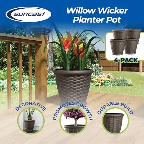 Suncast 4 Pack Wicker Planter w/ Drillable Drain Holes, Decorative Indoor/Outdoor Pot, 18in, Java