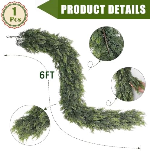 6Ft Christmas Cedar Garland, Realistic Artificial Pine Garlands
