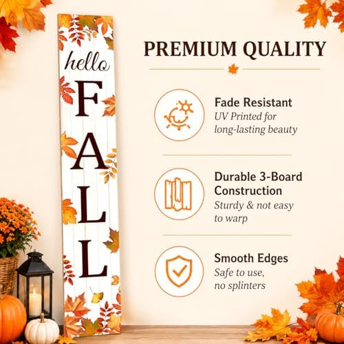 HELLO FALL Porch Sign, 47.2 Inch Wooden Vertical Sign, Maple Leaf Decor