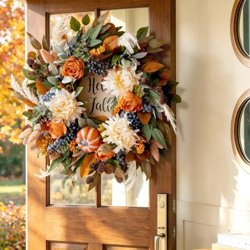 Harvest Fall Wreaths for Front Door 24 Inch Autumn Wreath with Rose&Dahlias