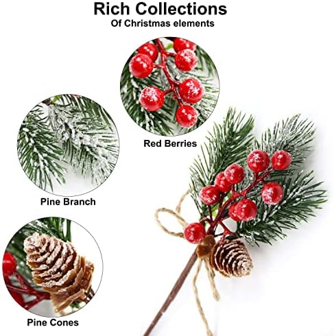 KLEWEE 10 PCS Christmas Berry Picks Glitter Christmas Picks and Sprays Artificial Pine Branches with Red Berry Stems Pine Cones Christmas Greenery for Crafts, Holiday Décor, Wreaths Xmas Decorations