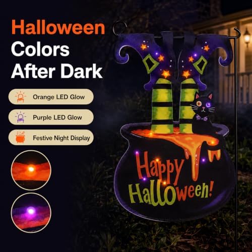 Halloween Lighted Garden Flag, Solar Witch Legs Cauldron Decor, 12 x 18 in