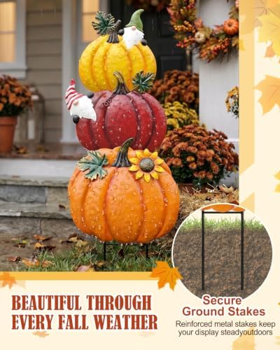 Outdoor Fall Pumpkin Decorations – 34.6" Metal Garden Stakes with 3 Stacked Pumpkins, Decorative Autumn Yard Signs for Porch Garden Lawn & Thanksgiving Decor