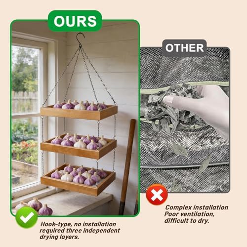 15.7"x11.8" 3-Tier Hanging Herb Drying Rack, Wooden Floral Drying Screen