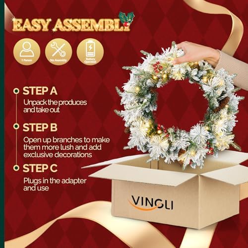 VINGLI 18" Flocked Christmas Wreath 2 Pack with Battery LED Lights
