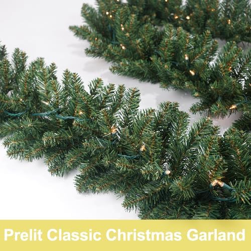 HomeKaren Christmas Garland 9 Ft by 12 Inch Prelit Fraser Fir Xmas Garland with 50 Lights, Real Like Lush and Classics Green Style for Indoor Outdoor Home Decoration (Brief-Classic_Plug-in)