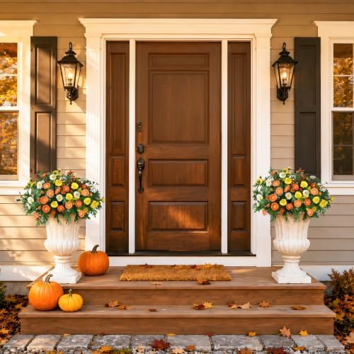 INQCMY Fall Artificial Mums Flowers for Outdoors Planter Fake Plants 6 PCS