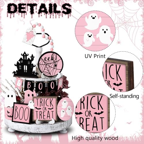 Umigy 15 Pcs Pink Halloween Decor Ghost Tiered Tray Decor Set