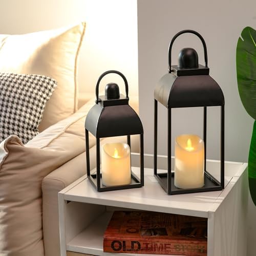 Lanterns Decorative Indoor 15" 11" Set of 2 Black Metal Lantern with Candle