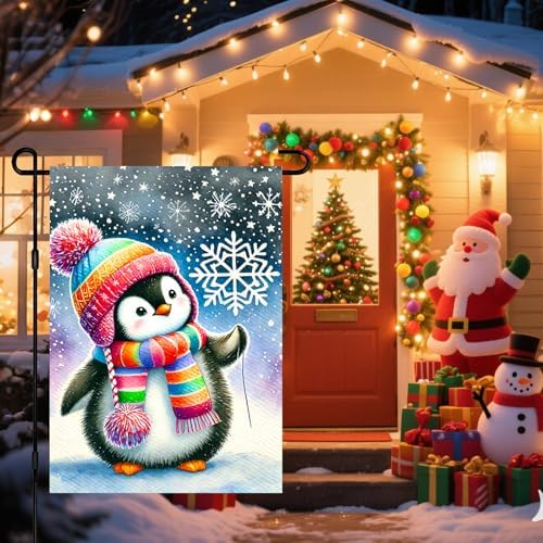 BlissYard Garden Flag Penguin Snowflake Winter 12x18 Inch Polyester