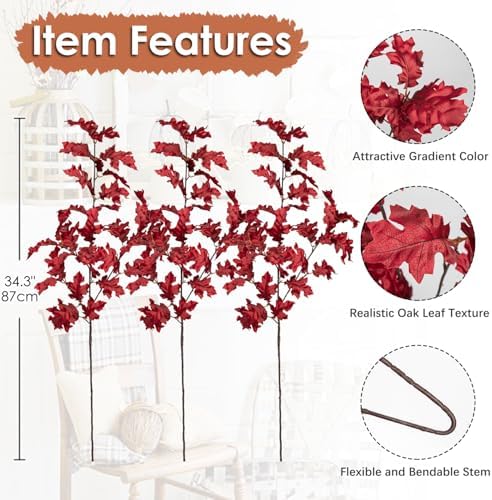 GnFlus 3 Pcs Fall Artificial Oak Leaves Branch Decor,Red,34‘’ Stems