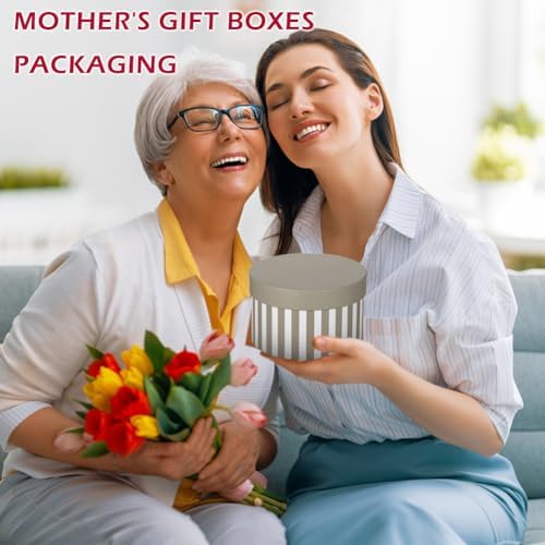 Gift Boxes with Lids for Presents Warm Grey and White Striped Round Box for Flower Arrangements Set of 4 Nesting Gift Boxes Bulk for Bridesmaid, Proposal, Wedding, Birthday, Party Favor Graduation