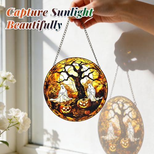 Ghosts Stained Glass Suncatcher Window Hanging Autumn Halloween Decoration