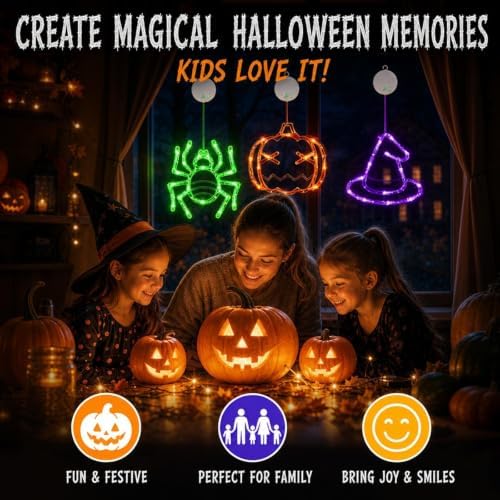 LOLStar Rechargeable Pumpkin Spider Witch Halloween Window Lights, 3 Pack