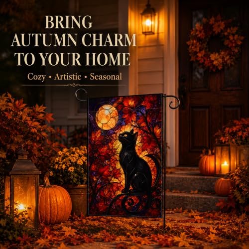 Fall Decor - Stained Glass Black Cat Moon Fall Thanksgiving Garden Flag