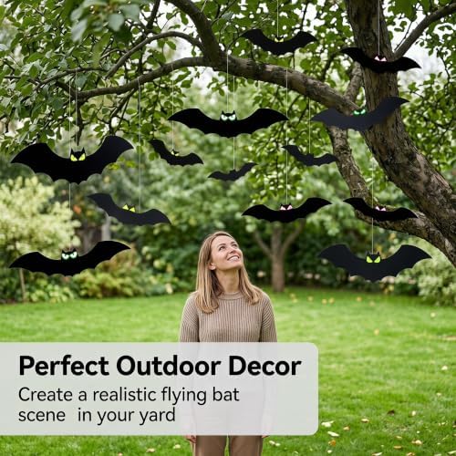 18 PCS Halloween Bat Decorations Outdoor, Black Bat Yard Signs with Glow in The Dark Eyes Stickers, Hanging Halloween Decorations for Lawn, Yard, Trees, Garden, Outdoor Halloween Decor
