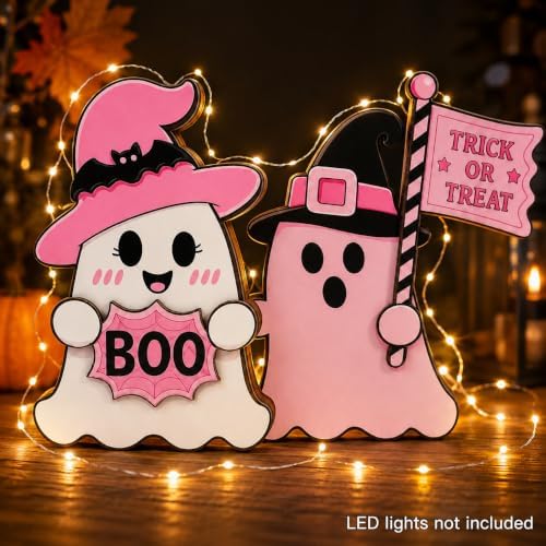 2pcs Ghost Pink Halloween Decor, Trick or Treat Wooden Plaque (Cute Ghost)