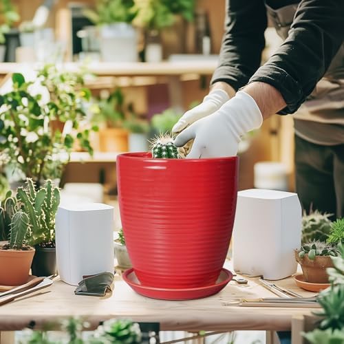 Ceramic Pot for Plants - 8 Inch Plant Pot for Indoor Plants Outdoor Round Planter Modern Flower Pot with Drainage Hole and Saucer Home Garden Office Porch Decor Red