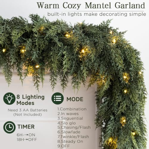 12FT Christmas Cedar Garland with Lights Prelit Pine Garland Decoration