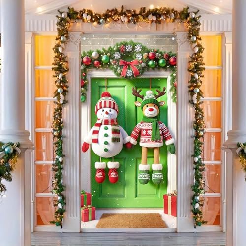 BlissYard Christmas Door Cover Reindeer Snowman 35x71 Inch Polyester