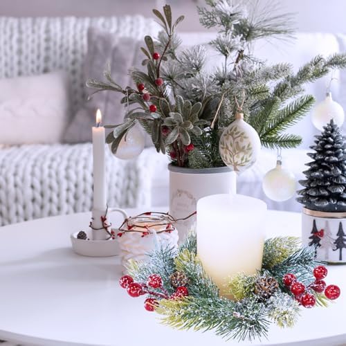 Winlyn 4 Pcs Artificial Snowy Pine and Berry Candle Rings Spruce Pine Candle Wreaths with Pinecones Christmas Pillar Candle Rings 9.6" for Holiday Season Winter Wedding Mantel Door Table Centerpiece
