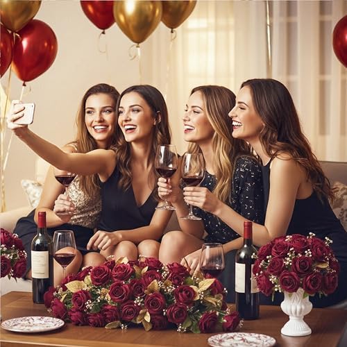 Auihiay 104PCS Burgundy Roses, Faux Roses, Artificial Flowers Roses