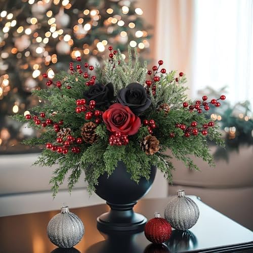 12Pcs/84Pcs Christmas Cedar Pine Branches with Berry Stems, Greenery Picks