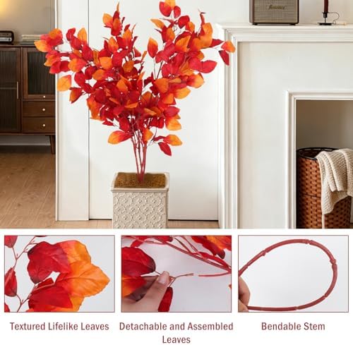 RECUTMS 4Pcs Artificial Beech Leaf Branches 39In Fall Stems Sunset Red