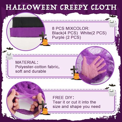 AHEONLAR 8 Pack Halloween Creepy Cloth 30x72 Inch Black White Purple Spooky Fabric Cloth Indoor Outdoor Halloween Decorations for Party Supplies, Home Wall, Doorway, Yard