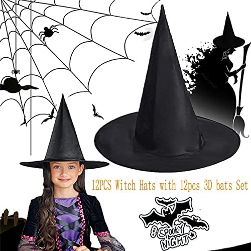 12pcs Halloween Witch Hats + 12pcs 3D Bats Stickers - Costume Accessories for Parties, Cosplay, Carnivals, Holidays