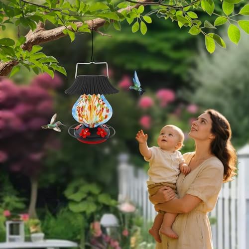 Solar Hummingbird Feeder, Hand Blown Glass Multicolor Night Lights