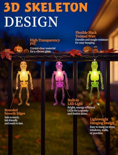 Abeja Halloween Skull String Lights Outdoor,Multicolor LED Skeleton Lights