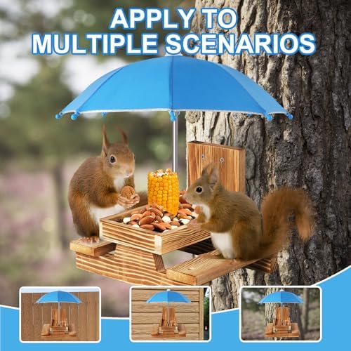 Gnodary Squirrel Feeder with Umbrella, Squirrel Feeders for Outside, Squirrel Picnic Table Feeder - Chipmunk Feeder Hold Corn, Corn Cob, Peanuts Style2 (Light Blue)