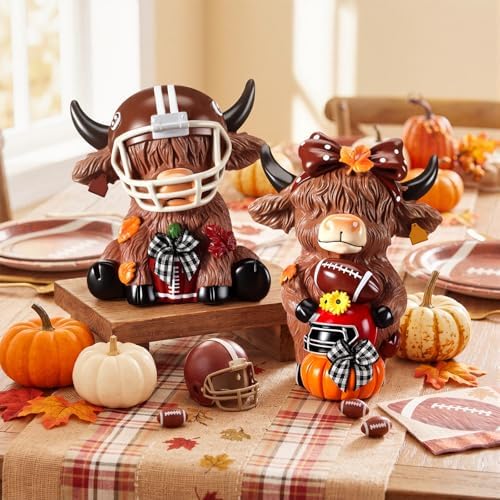 Karenhi 2 Pcs Highland Cow Figurines Fall Football Tabletop Decorations
