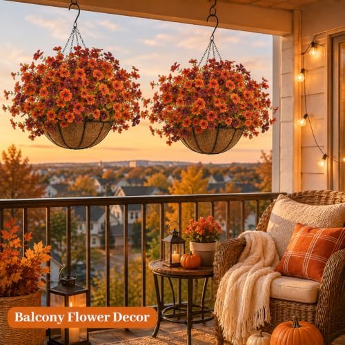 2 Set Artfiticial Fall Hanging Baskets Outdoor,Autumn Porch Decor,Red