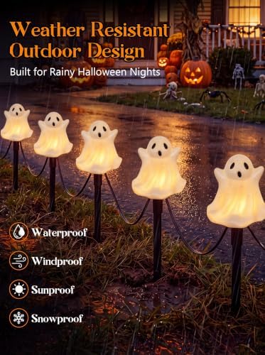 Goothy Halloween Ghosts Pathway Marker Lights, 4 White Ghosts with 4 Stakes, 7Ft Extendable Pathway String Lights, Waterproof for Halloween Lawn Walkway Driveway Markers