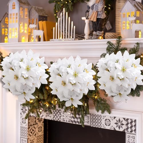 Poinsettias Artificial Christmas Flowers 6 Pack White 5 Heads Poinsettia Flowers Artificial Faux Winter Flowers Holiday Indoor Outdoor Xmas Tree Ornament Porch Home Garden Decoration